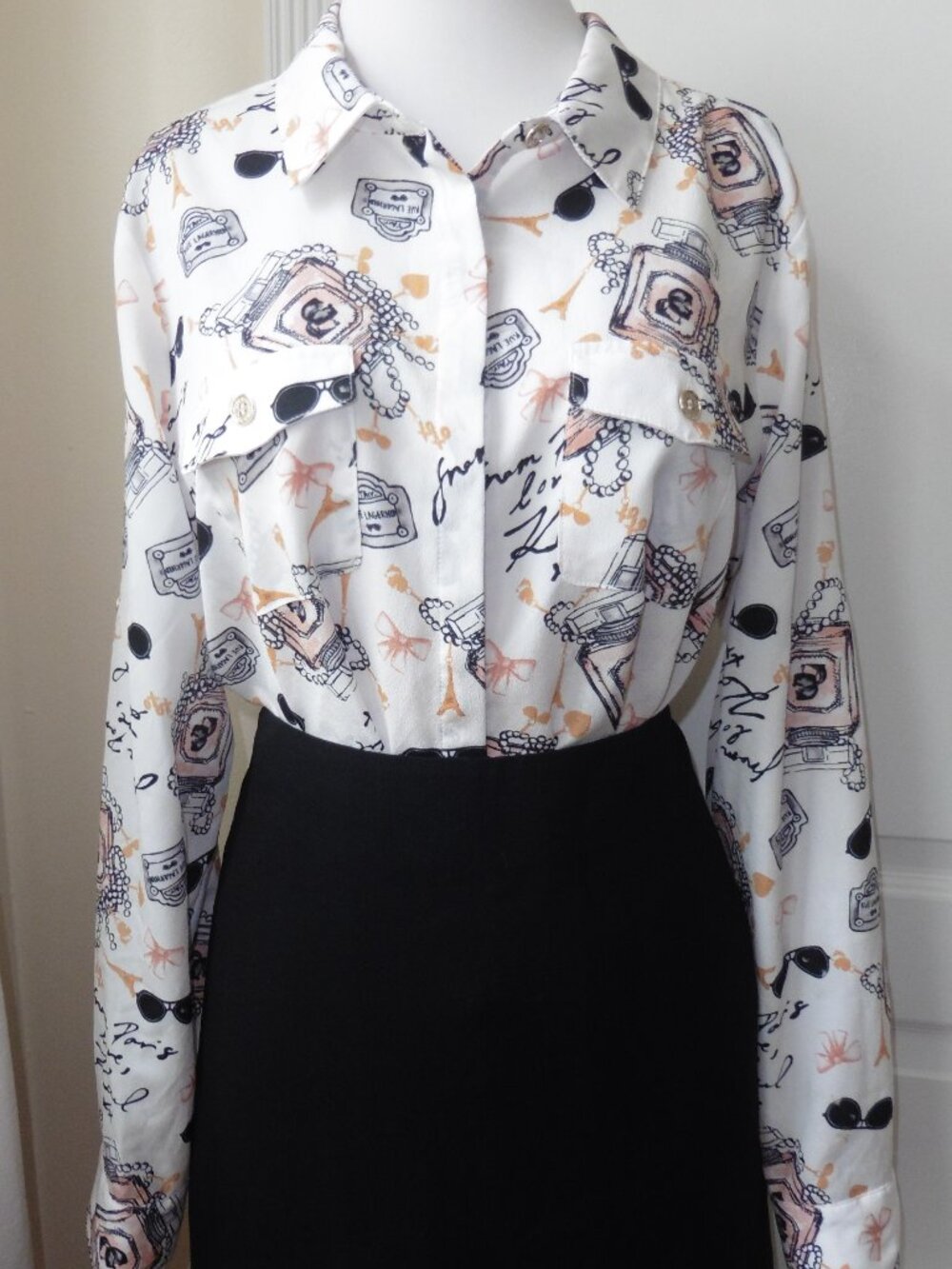 Karl Lagerfeld Chanel Designer Perfume Print Blouse & Nicole Farhi Skirt Set